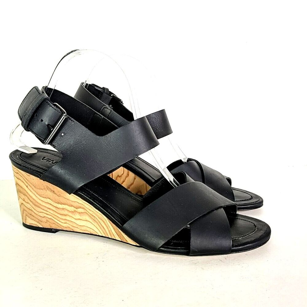 Vince Gwyn Black Leather Wood Wedge Heel Sandal Size 10 EU 40 Open Toe Buckle